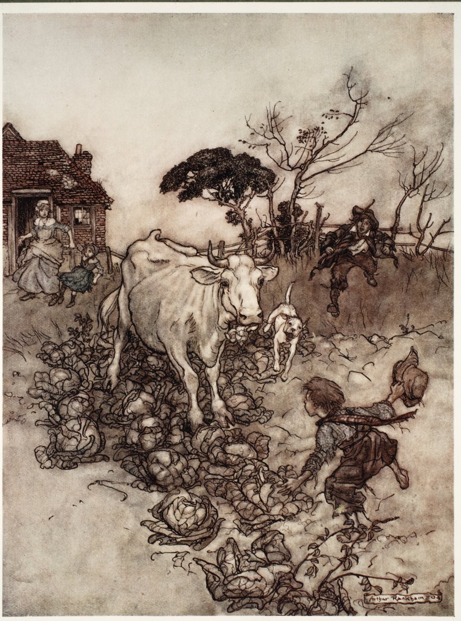 La sua mucca si smarriva o finiva tra i cavoli., da Rip Van Winkle di Washington Irving, pub. 1910 da Arthur Rackham