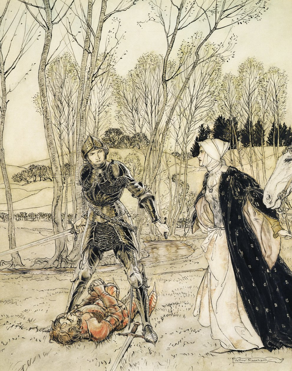 Come Beaumains sconfisse il Cavaliere Rosso, e sempre la damigella gli rivolse molte parole volgari da Arthur Rackham