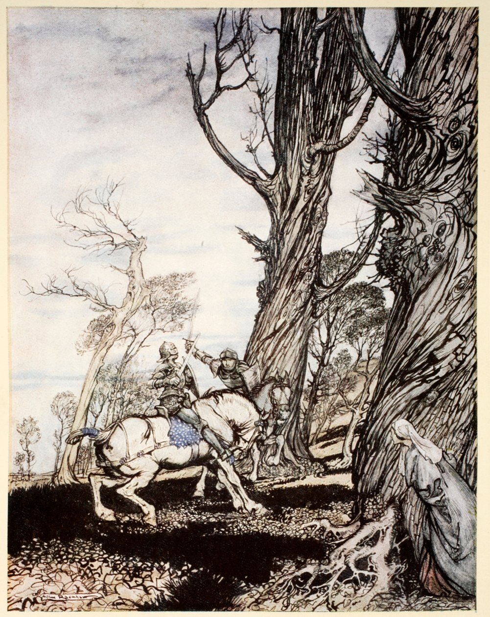 Come Sir Launcelot uccise il cavaliere Sir Peris de Forest Savage che molestava dame, damigelle e gentildonne, illustrazione da 