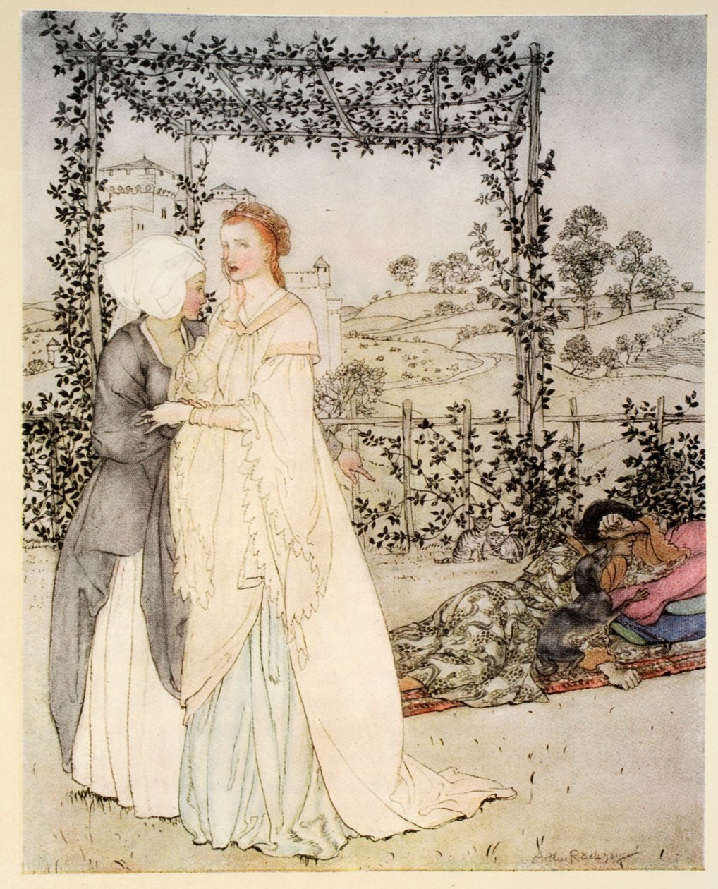 Come Tristano fu riconosciuto dal piccolo brachet nel giardino del castello di Re Marco, illustrazione da 