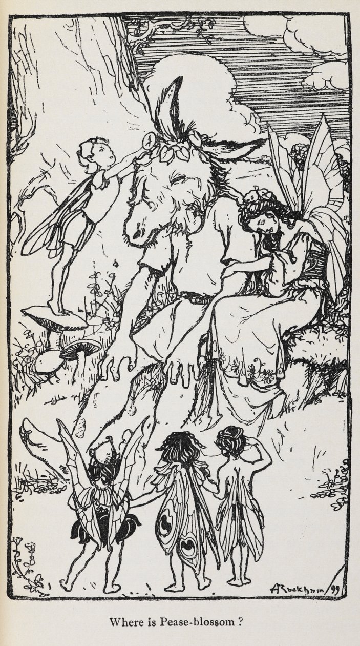 Illustrazione da Sogno di una notte di mezza estate con fate e un uomo con una testa d