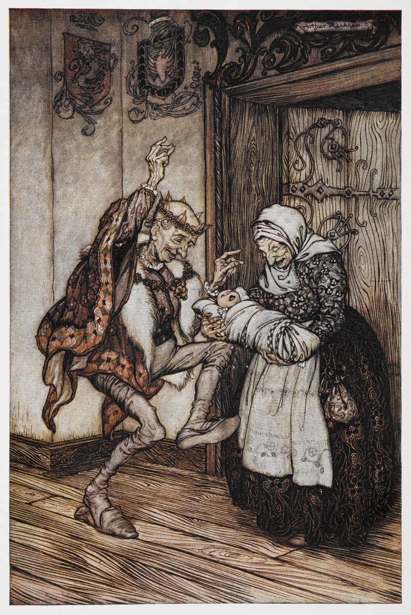 Illustrazione da Rosaspina di un re e una regina anziani e il loro bambino da Arthur Rackham