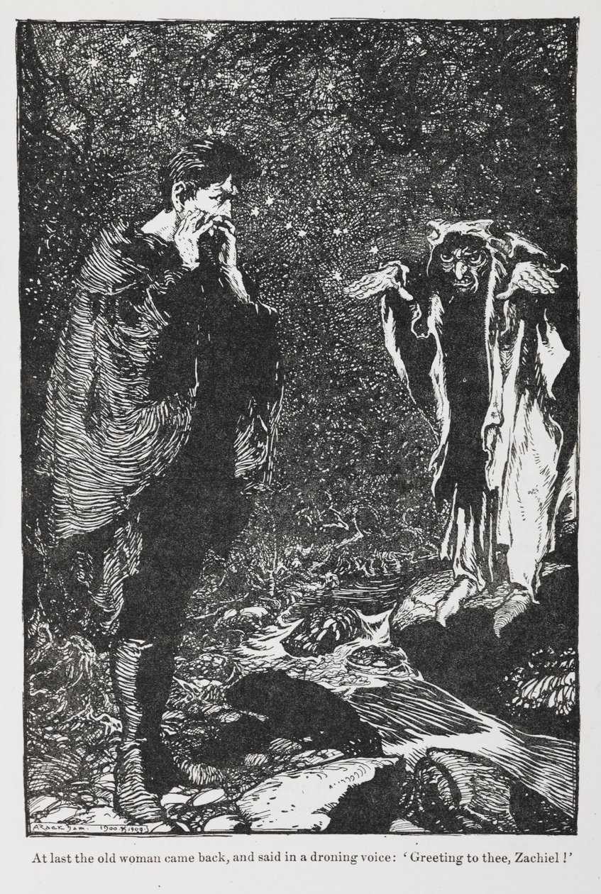 Illustrazione da Jorinda e Joringel di Zachiel e la vecchia donna da Arthur Rackham