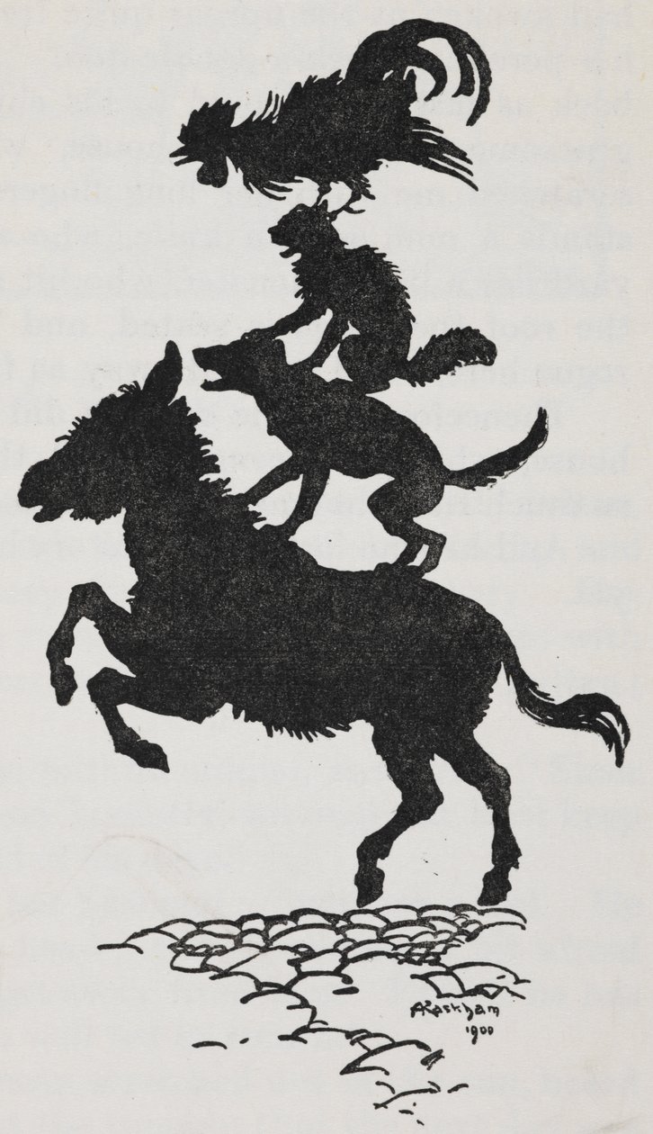 Illustrazione dei Musicanti di Brema di un asino, cane, gatto e gallo da Arthur Rackham