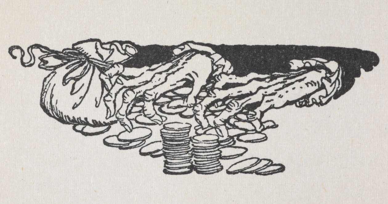 Illustrazione delle mani di Scrooge che contano denaro da Arthur Rackham