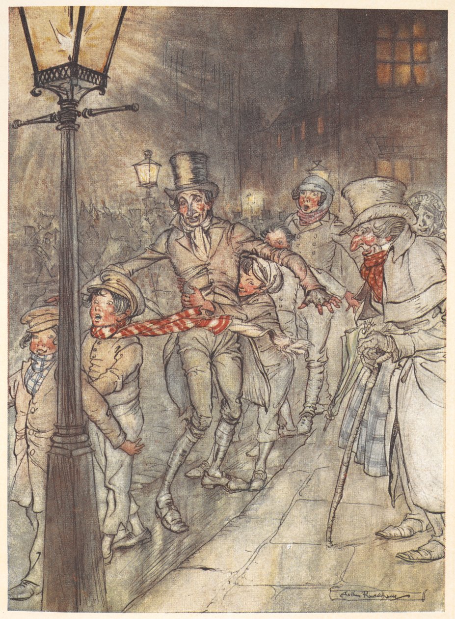 Illustrazione di una scena di strada alla Vigilia di Natale con Bob Cratchit e bambini da Arthur Rackham
