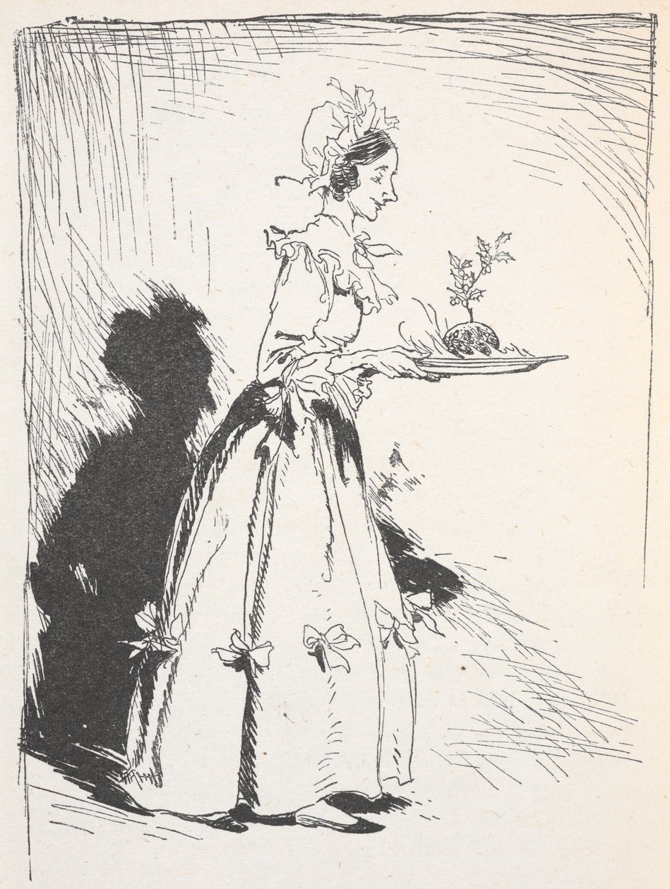 Illustrazione di una donna che porta un budino di Natale da Arthur Rackham