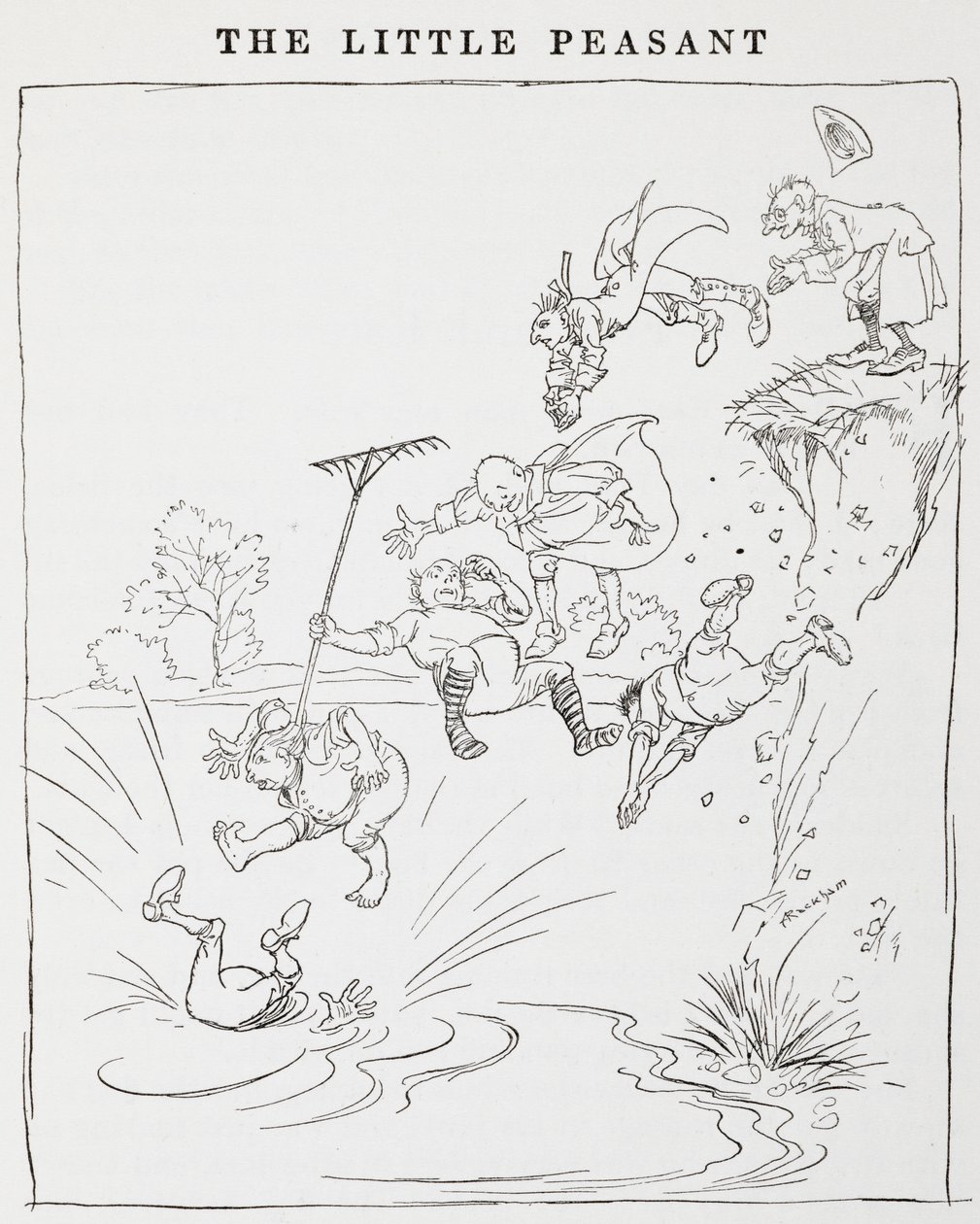 Illustrazione di uomini che saltano da una scogliera in uno stagno da I piccoli contadini da Arthur Rackham