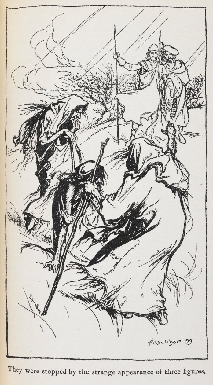 Illustrazione delle tre streghe, Macbeth e Banquo da Arthur Rackham
