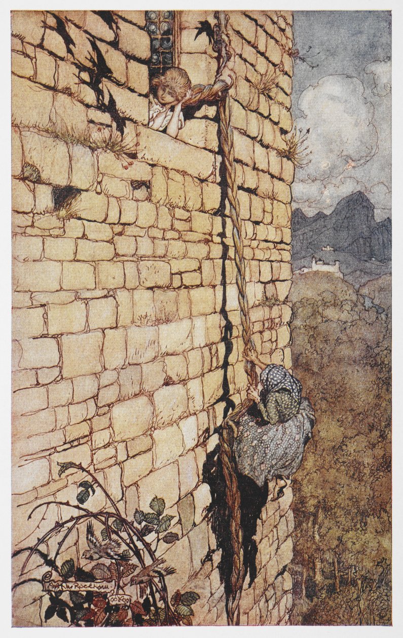 Illustrazione della strega che sale sui capelli di Raperonzolo da Arthur Rackham