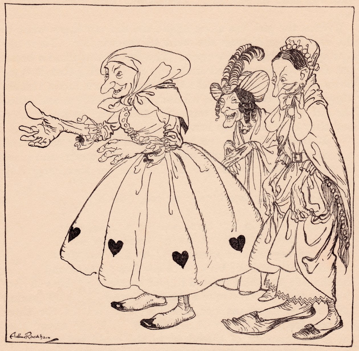 Entrarono le tre donne vestite nel modo più strano. Illustrazione di Arthur Rackham dalla fiaba dei Grimm, Le Tre Filatrici. da Arthur Rackham