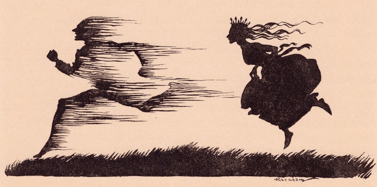 Era proprio come se il vento avesse fischiato. Illustrazione di Arthur Rackham da Fiaba dei Grimm, Come sei uomini si sono fatti strada nel mondo. da Arthur Rackham
