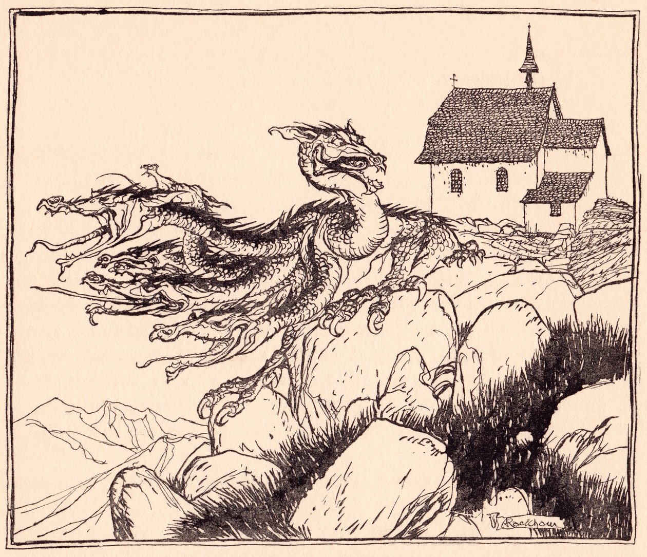 Non passò molto tempo prima che il drago a sette teste arrivasse, ruggendo forte. Illustrazione di Arthur Rackham da Fiaba dei Grimm, I due fratelli. da Arthur Rackham