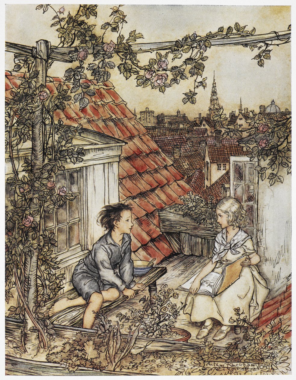 Kay e Gerda nel loro giardino in alto sul tetto. Due bambini seduti sul tetto di una casa. Illustrazione per 