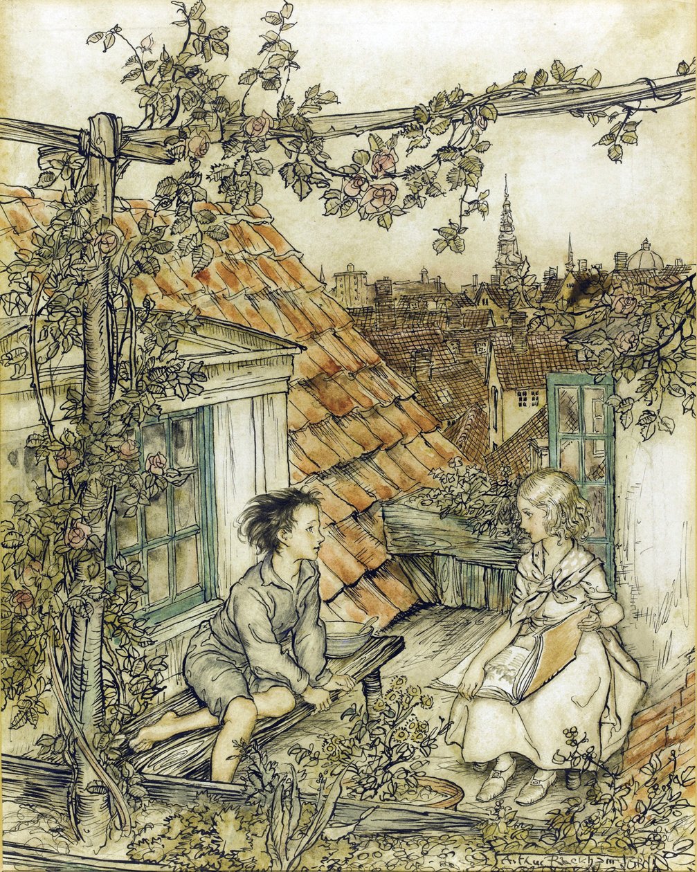 La Regina delle nevi - Kay e Gerda nel loro giardino in cima al tetto. Illustrazione per la fiaba della Regina delle Nevi da Arthur Rackham