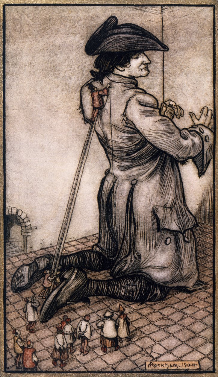 Sarti lillipuziani misurano Gulliver per fargli un nuovo vestito, illustrazione di Arthur Rackham (1867-1939) da I viaggi di Gulliver di Jonathan Swift (Dublino) da Arthur Rackham