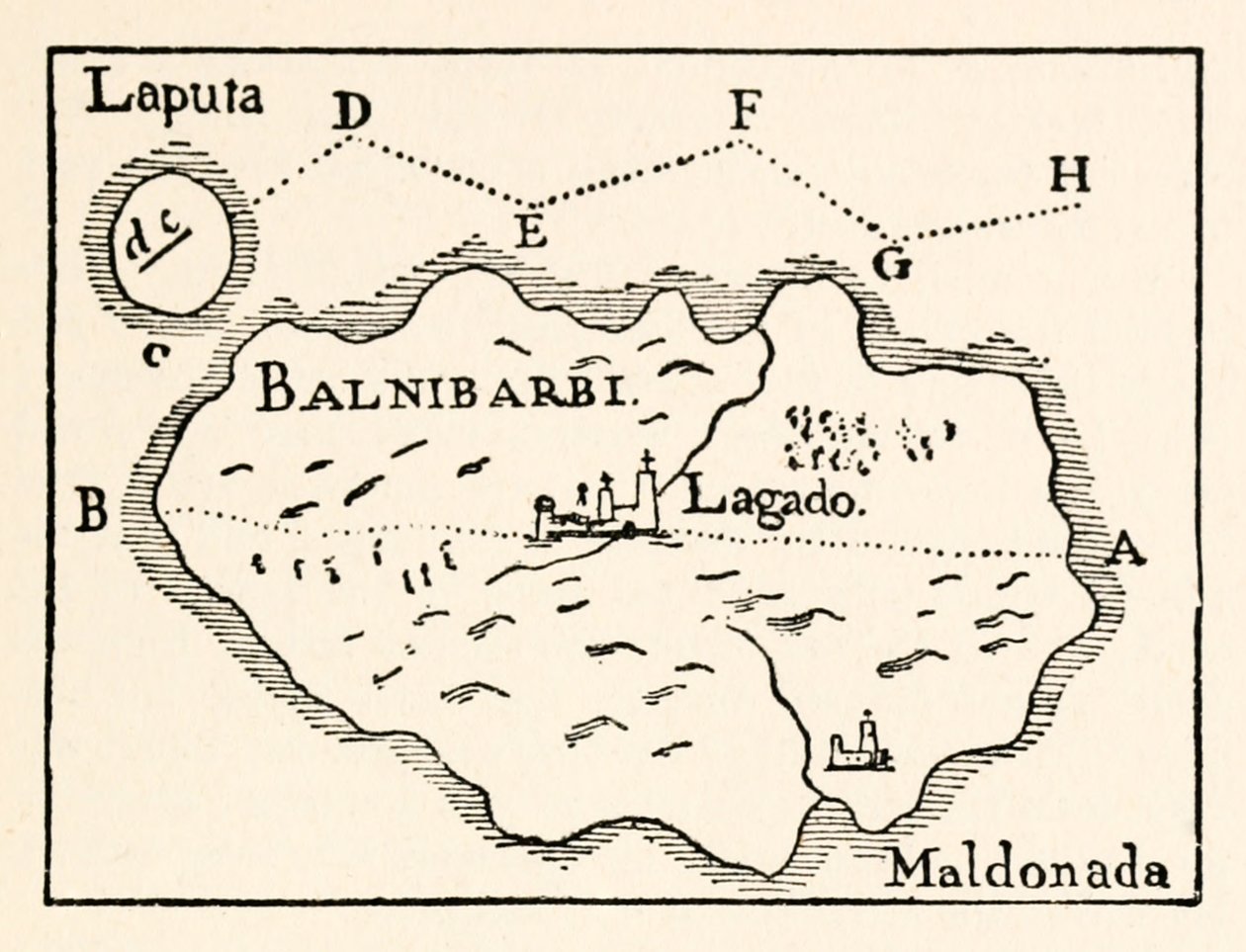 Mappa di Laputa (isola volante in alto a destra) e Balnibarbii (porto principale Maldonada) dalla Parte III: Un viaggio a Laputa, Balnibarbi, Luggnagg, Glubbdubdrib e Giappone nei Viaggi di Gulliver di Jonathan Swift da Arthur Rackham