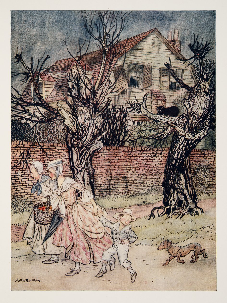 Racconti meravigliosi di campi infestati, ruscelli infestati e case infestate, da La leggenda di Sleepy Hollow di Washington Irving (1783 - 1859), pub. 1928 da Arthur Rackham