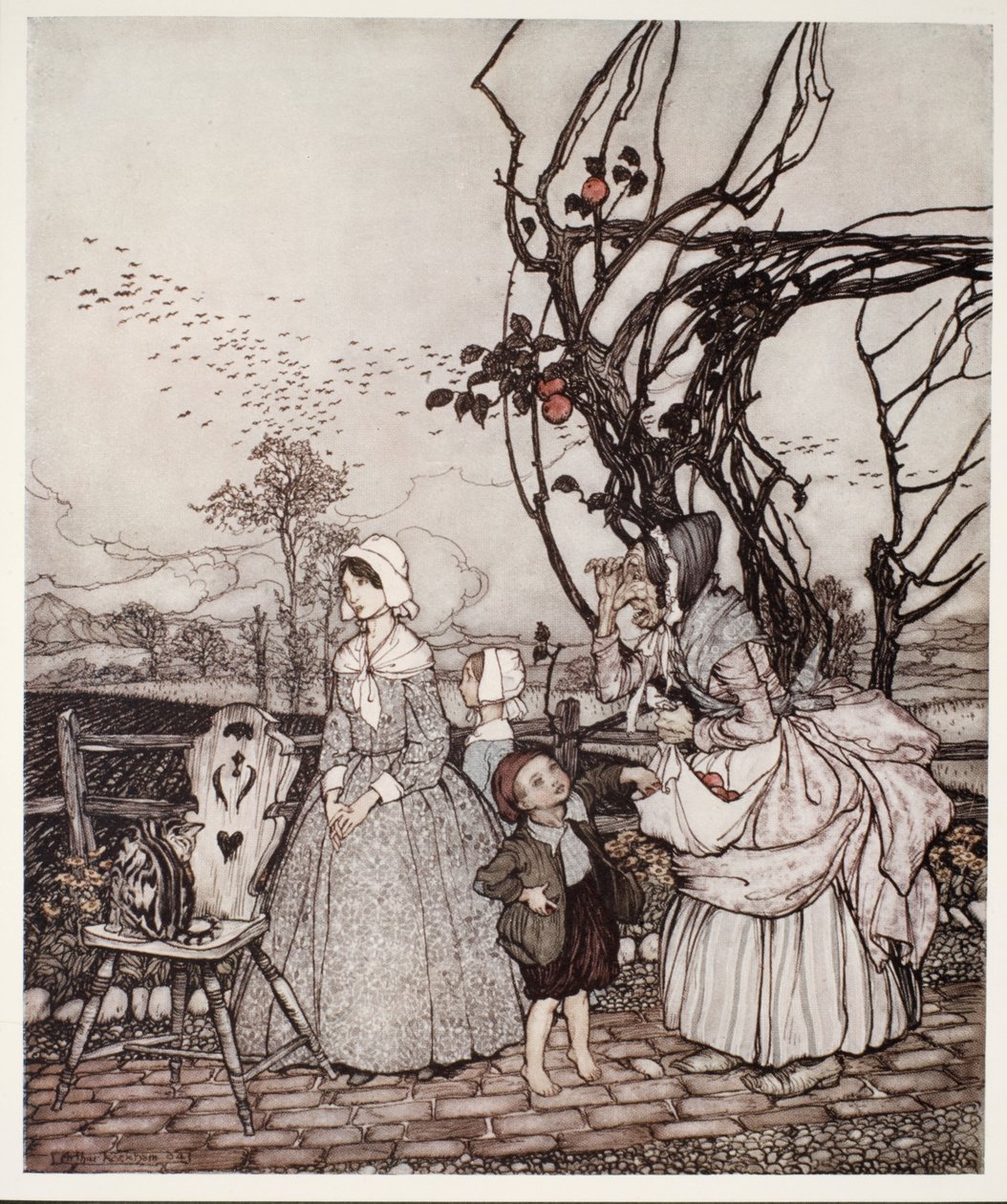 Madre e figli che tornano dalla raccolta delle mele, da Rip Van Winkle di Washington Irving, pub. 1910 da Arthur Rackham