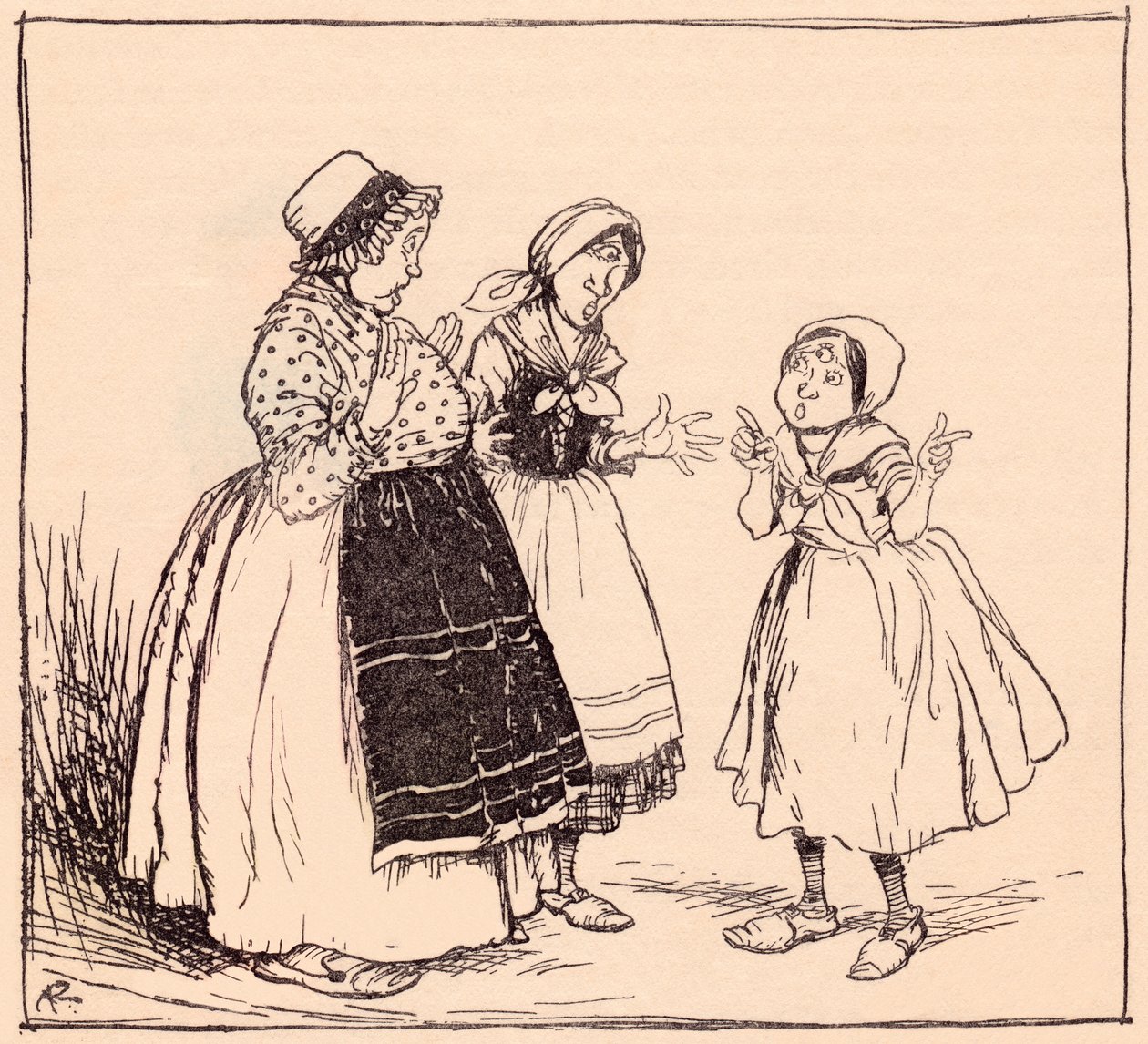 Ora so perché quella cosa altezzosa lì non mangia. Illustrazione di Arthur Rackham da Fiabe dei Grimm Occhio-uno, Occhio-due e Occhio-tre. da Arthur Rackham