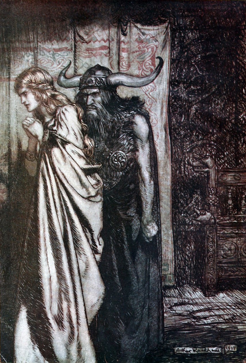 O moglie tradita vendicherò la tua fiducia ingannata! Illustrazione per Sigfrido e Il Crepuscolo degli Dei da Arthur Rackham
