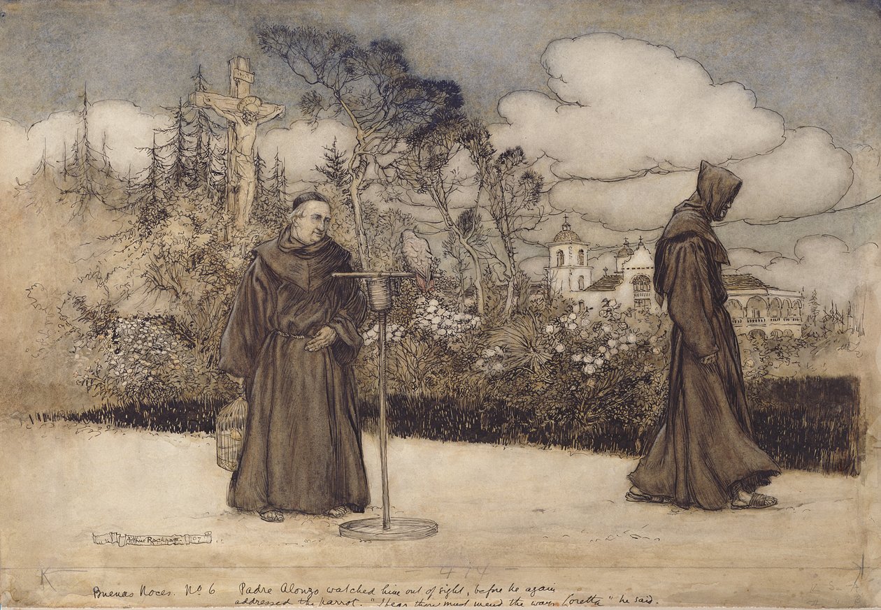 Padre Alonzo lo osservò fino a scomparire, illustrazione da Buonanotte di Eleanor Gates, 1907 da Arthur Rackham