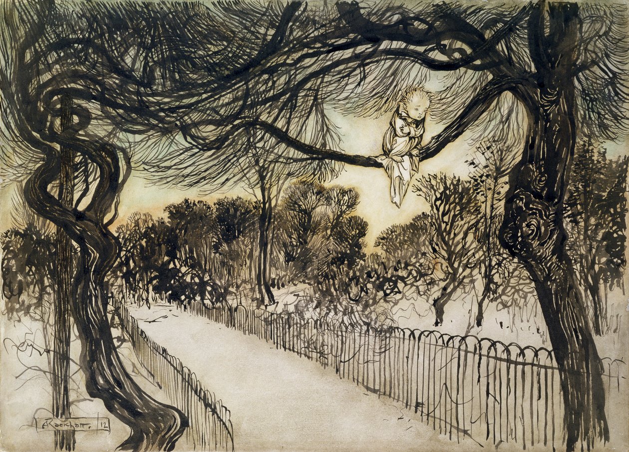 Peter Pan su un ramo, scena da Peter Pan nei Giardini di Kensington di J.M Barrie, 1912 da Arthur Rackham
