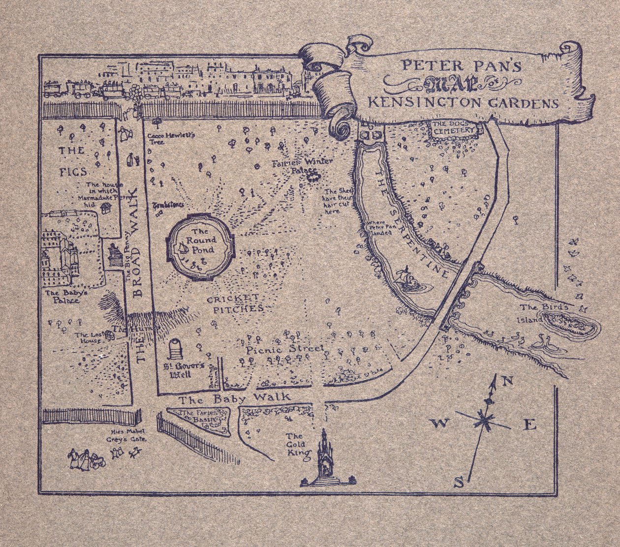 Mappa di Peter Pan dei Giardini di Kensington, da Peter Pan nei Giardini di Kensington di J M Barrie (1860 - 1937), pub. 1906 da Arthur Rackham