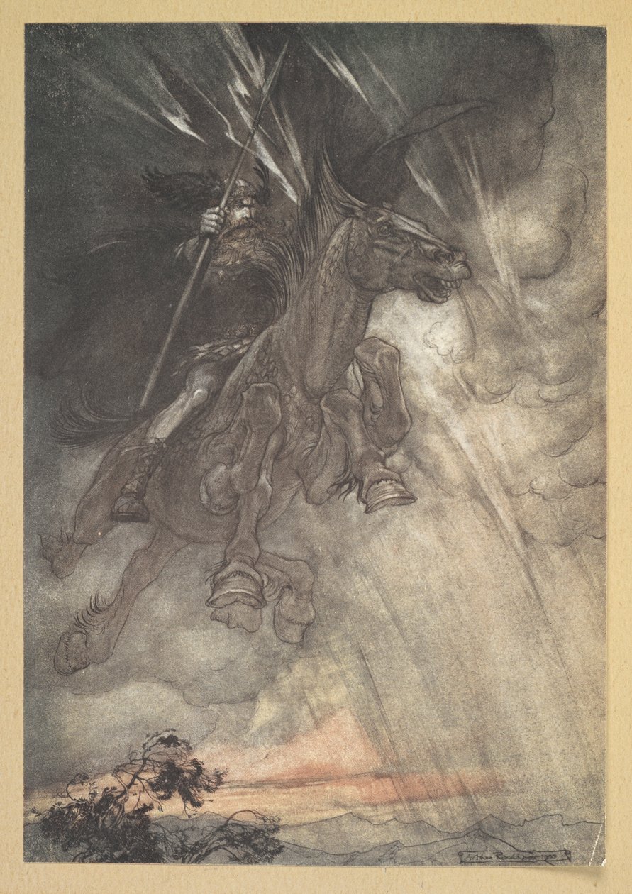 "Furioso, Wotan cavalca verso la Roccia! Come un vento tempestoso arriva!" da Arthur Rackham