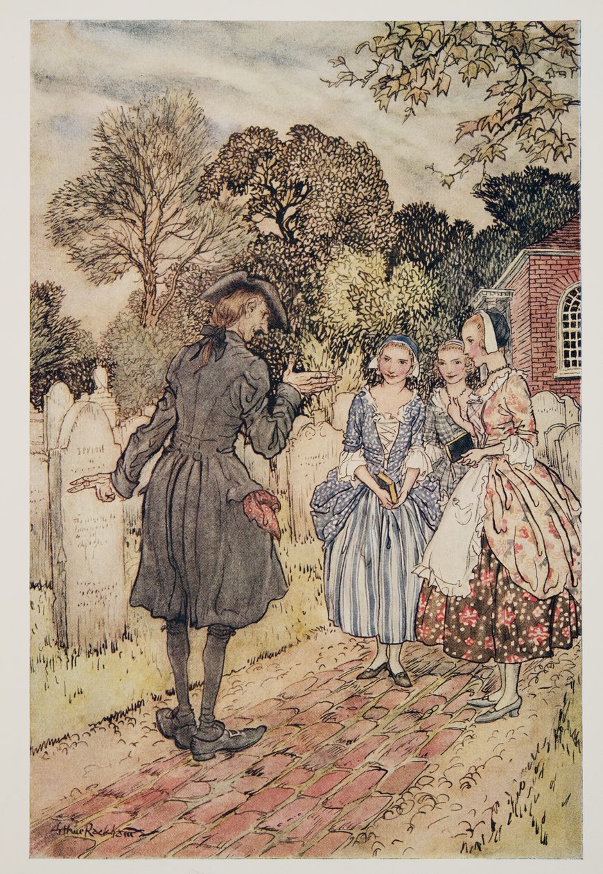 Recitando per il loro divertimento tutte le epigrafi sulle lapidi, da La leggenda di Sleepy Hollow di Washington Irving (1783 - 1859), pub. 1928 da Arthur Rackham