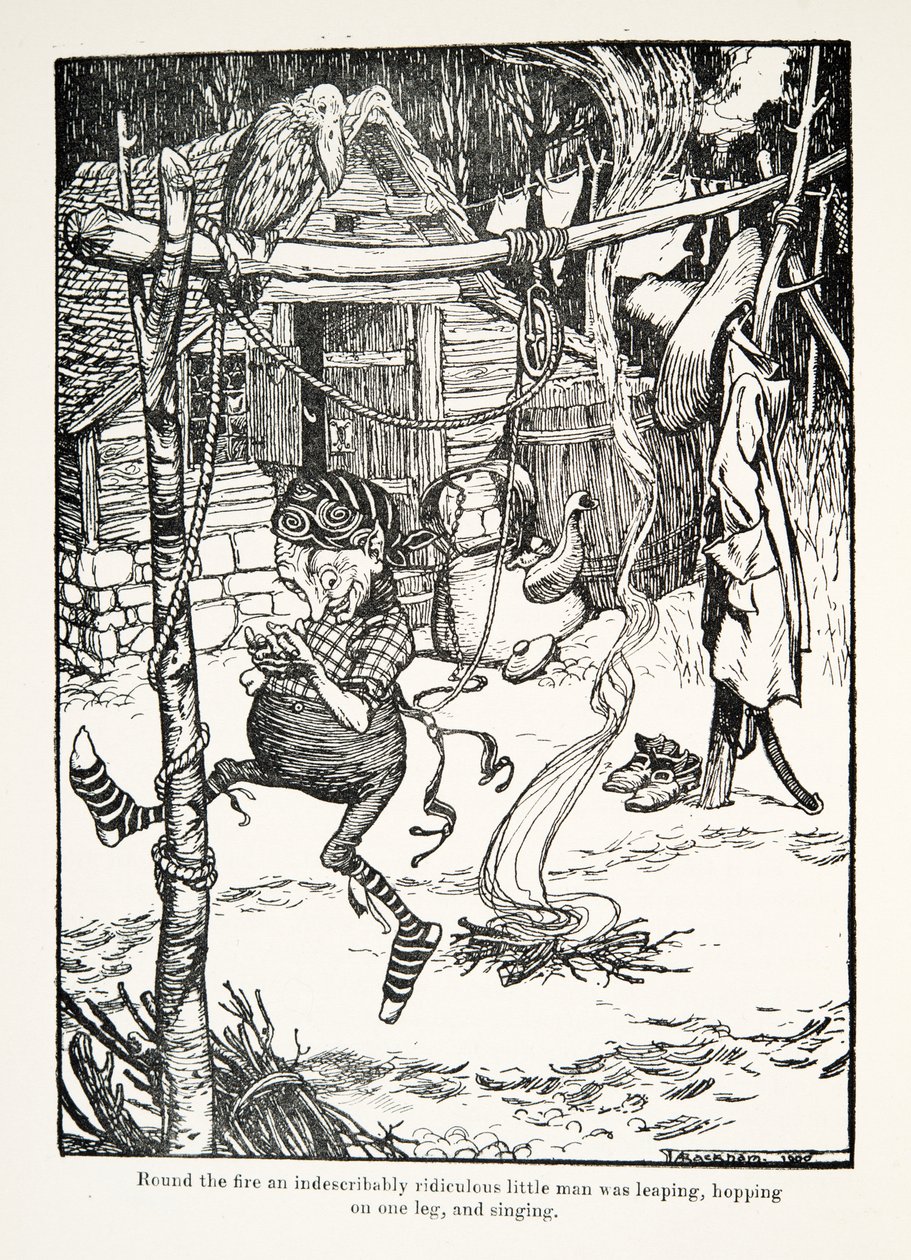 Intorno al fuoco un omino indescrivibilmente ridicolo saltava su una gamba e cantava, da Le fiabe dei fratelli Grimm, pub. 1909 da Arthur Rackham
