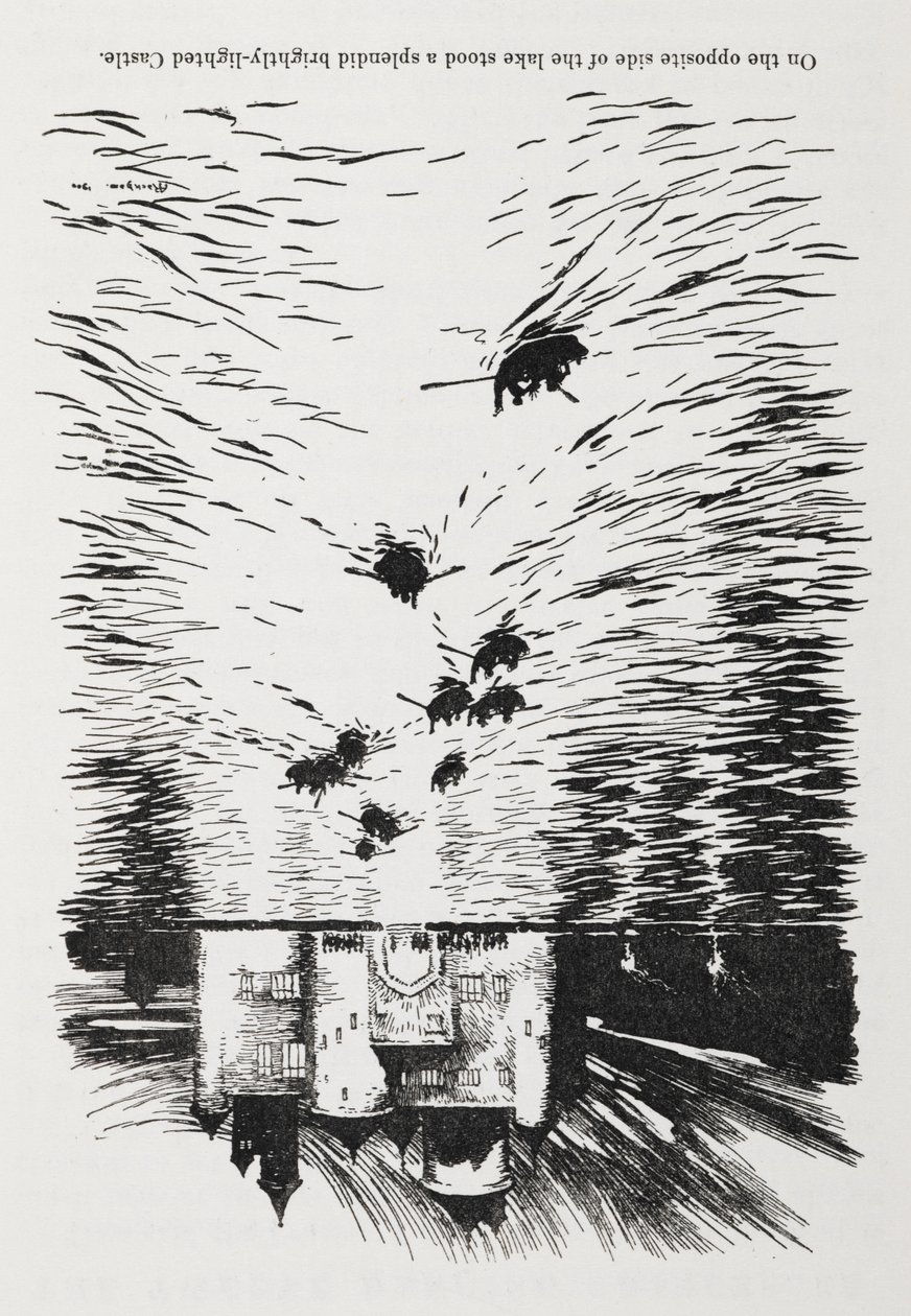 Barche a remi su un fiume che si avvicinano a un castello di notte da Arthur Rackham