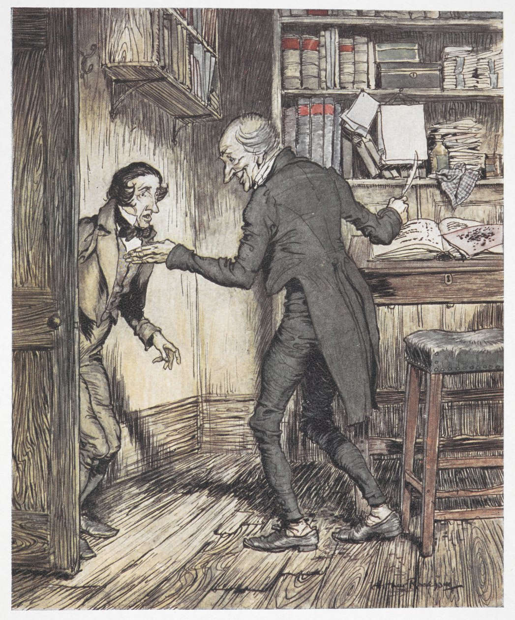 Scrooge che scrive nel suo ufficio mentre un altro uomo entra da Arthur Rackham
