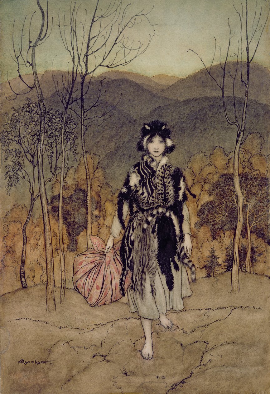 Andò avanti, e andò avanti, e andò avanti Catskin, illustrazione da Fiabe inglesi, raccontate da F.A Steel, 1918 da Arthur Rackham
