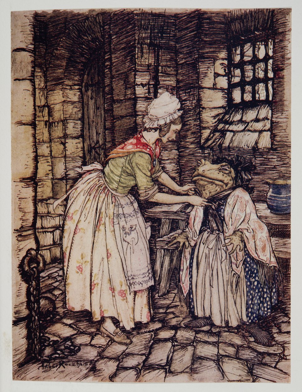 Sistemò lo scialle con una piega professionale e legò i lacci del cappello arrugginito sotto il mento, da Il vento nei salici di Kenneth Grahame, pub. 1940 da Arthur Rackham