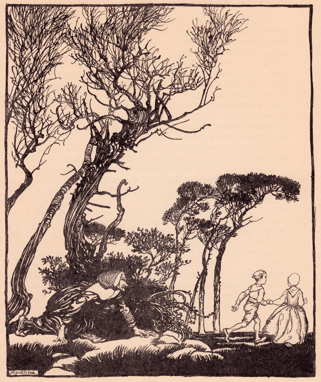 Si insinuò dietro di loro segretamente, come fanno le streghe. Illustrazione di Arthur Rackham da Fiaba dei Grimm Fratellino e Sorellina. da Arthur Rackham