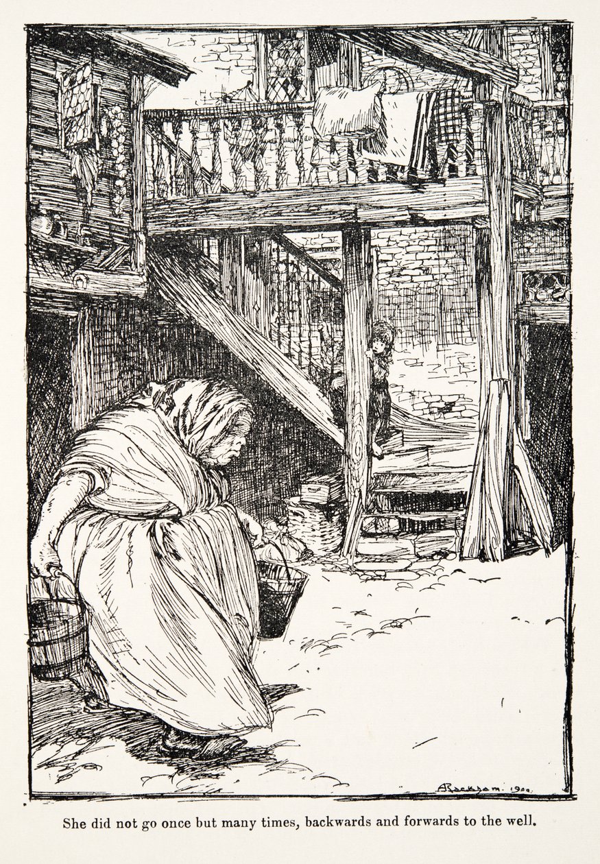 Non andò una volta sola ma molte volte, avanti e indietro al pozzo, da Le fiabe dei fratelli Grimm, pub. 1909 da Arthur Rackham