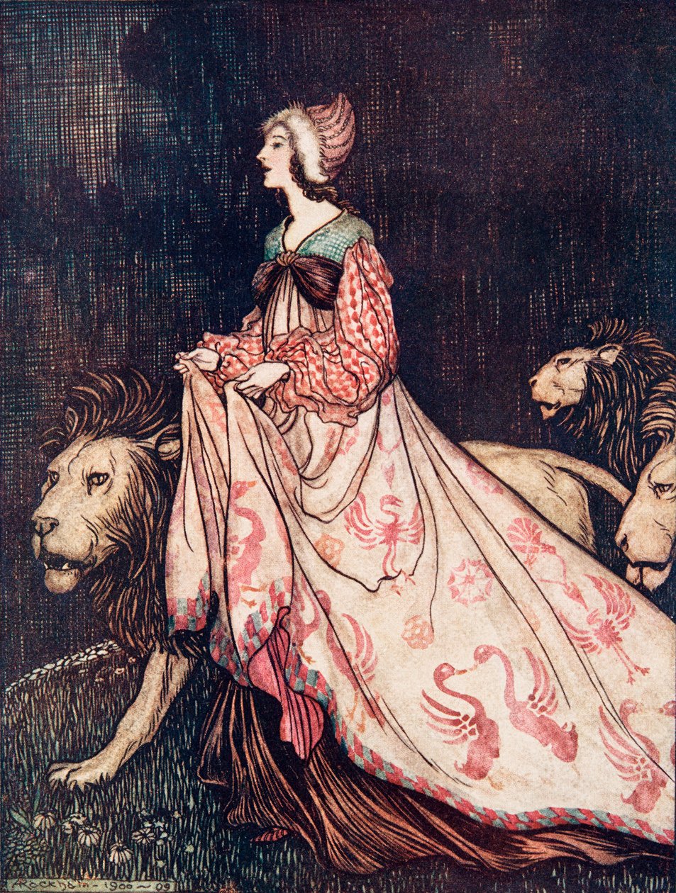 Se ne andò accompagnata dai leoni, da Le fiabe dei fratelli Grimm, pub. 1909 da Arthur Rackham