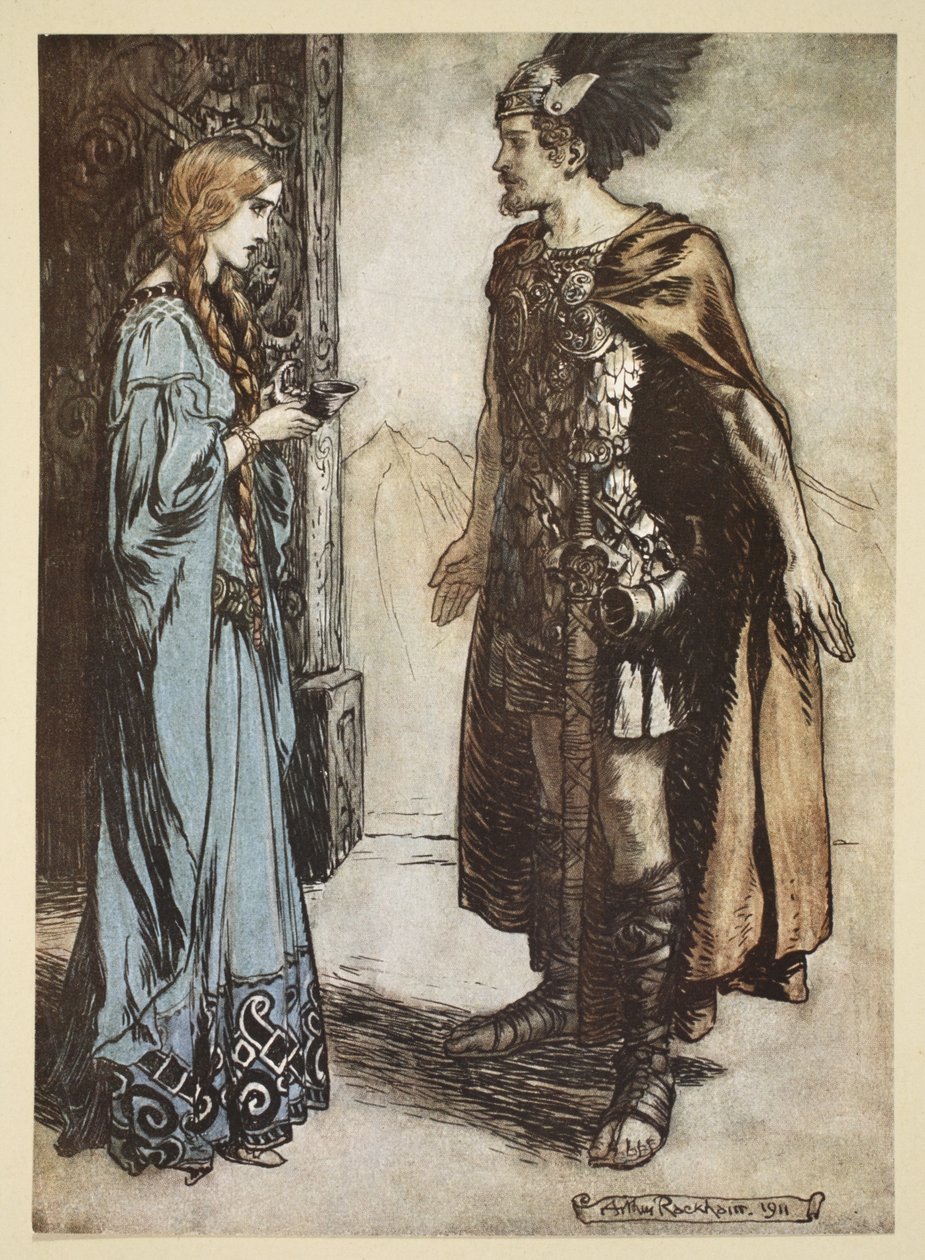 Sigfrido restituisce il corno da bere a Gutrune e la guarda con passione improvvisa, illustrazione da 