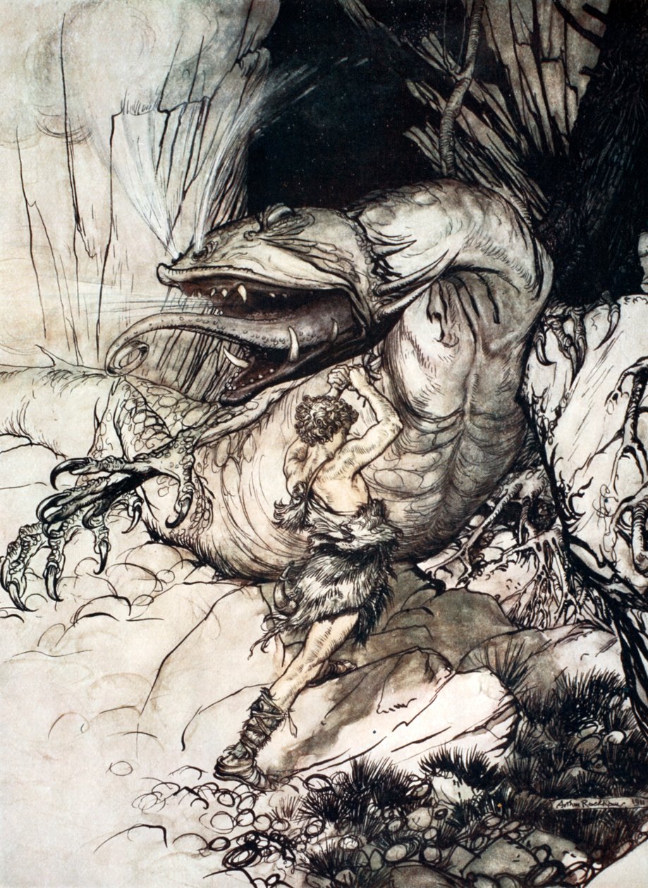 Sigfrido uccide Fafner da Arthur Rackham