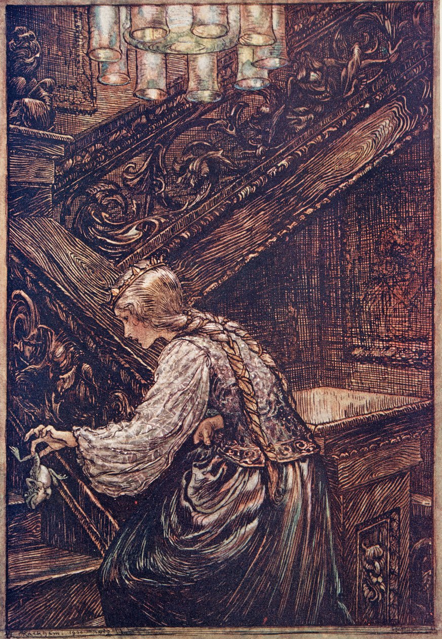 Così lo prese con due dita e lo portò al piano di sopra, da Le fiabe dei fratelli Grimm, pub. 1909 da Arthur Rackham