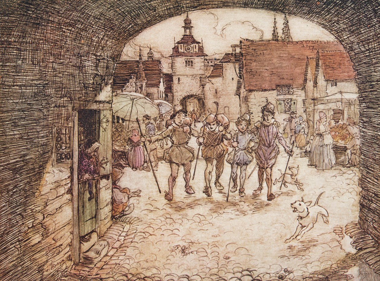 Così i quattro fratelli presero i loro bastoni in mano, salutarono il padre e uscirono dalla porta della città, da Le fiabe dei fratelli Grimm, pub. 1909 da Arthur Rackham