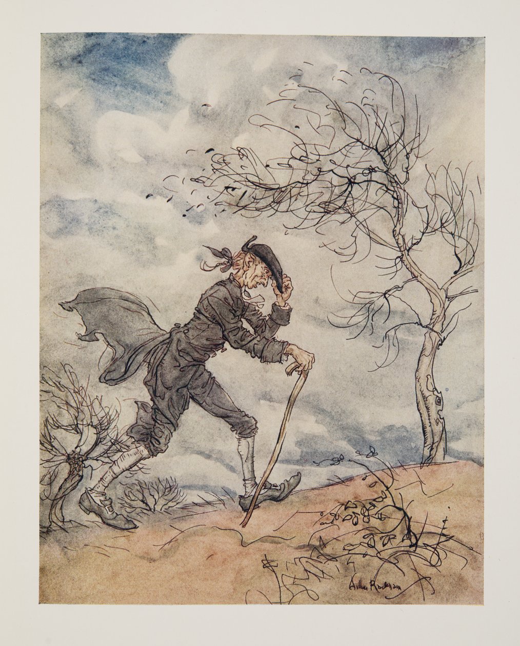 Camminando lungo il profilo di una collina in un giorno ventoso, da La leggenda di Sleepy Hollow di Washington Irving (1783 - 1859), pub. 1928 da Arthur Rackham