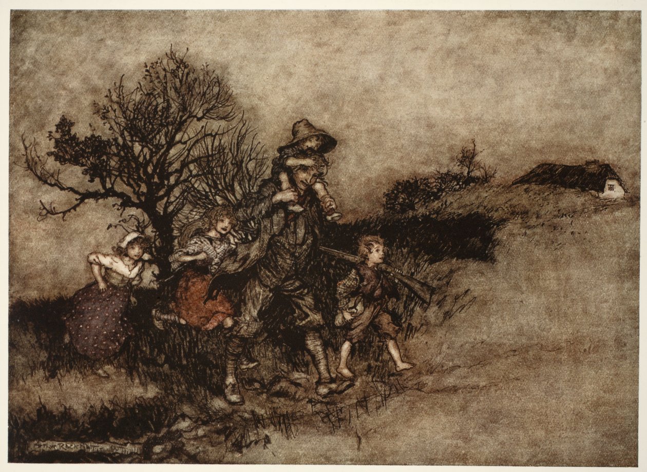 Circondato da un gruppo di bambini., da Rip Van Winkle di Washington Irving, pub. 1910 da Arthur Rackham