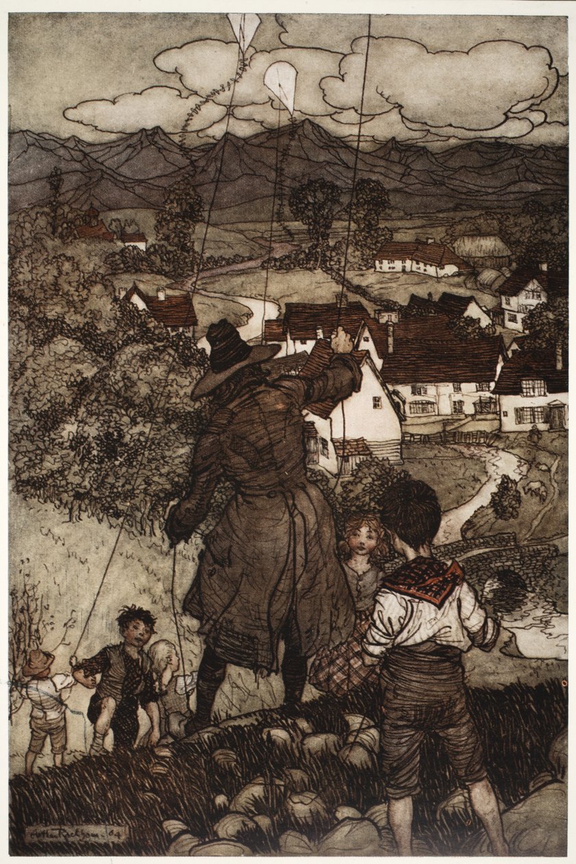 Insegnava loro a far volare gli aquiloni, da Rip Van Winkle di Washington Irving, pub. 1910 da Arthur Rackham