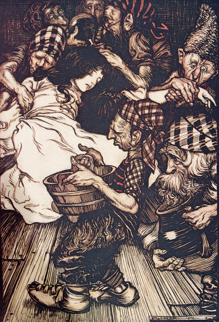 I nani, quando tornarono la sera, trovarono Biancaneve distesa a terra, da Le fiabe dei fratelli Grimm, pub. 1909 da Arthur Rackham