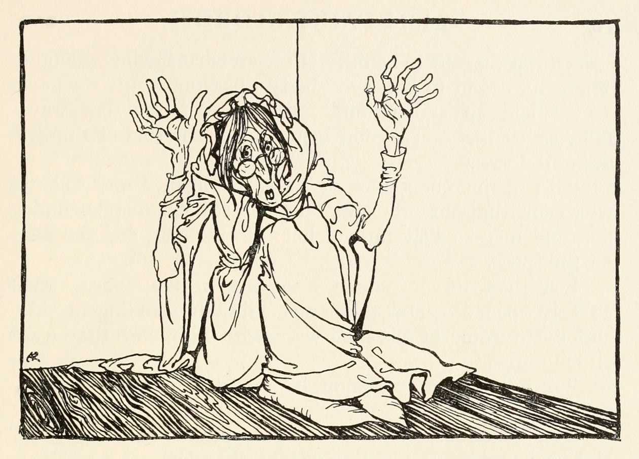 La Strega seduta contro il muro, da La frenesia di Morgan in Fiabe irlandesi da Arthur Rackham