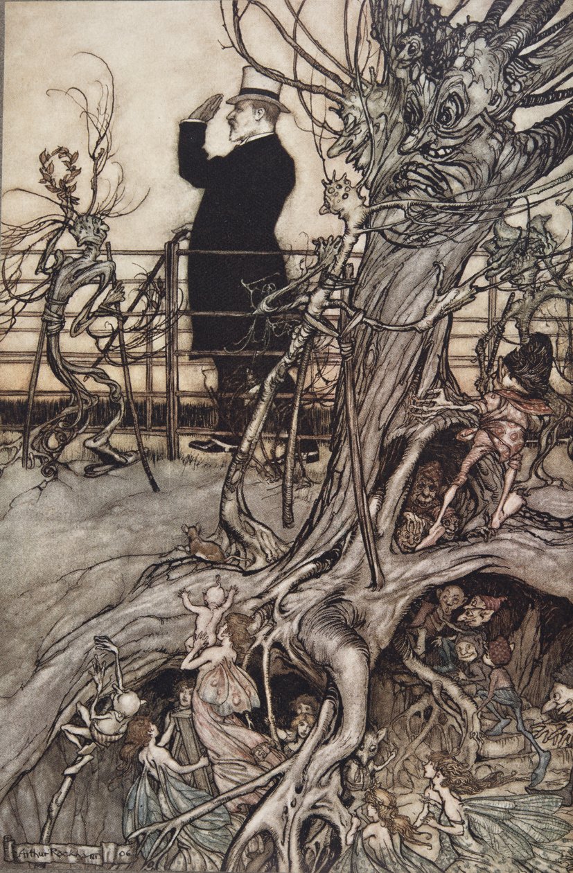 I Giardini di Kensington sono a Londra, dove vive il Re.., da Peter Pan nei Giardini di Kensington di J M Barrie, pub. 1906 da Arthur Rackham