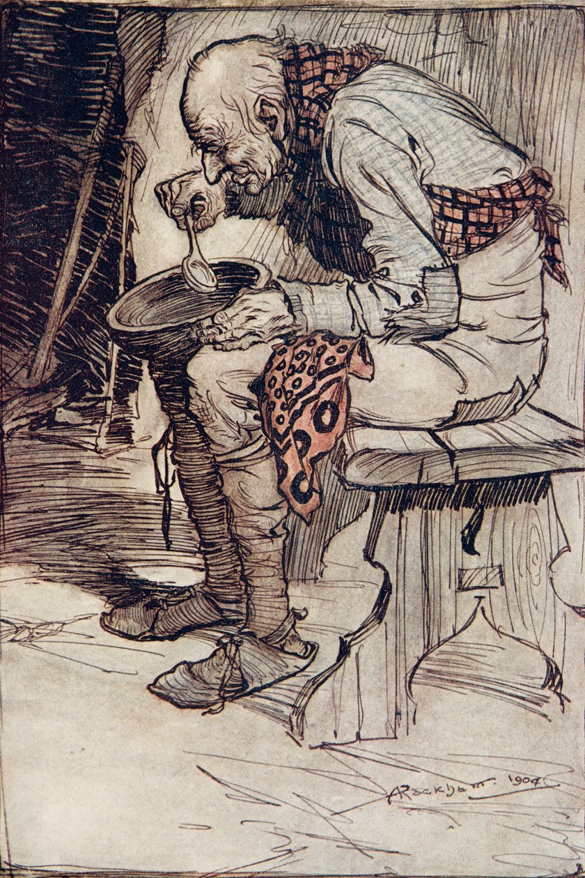 Il vecchio doveva sedersi da solo e mangiava il suo cibo da una ciotola di legno, da Le fiabe dei fratelli Grimm, pub. 1909 da Arthur Rackham