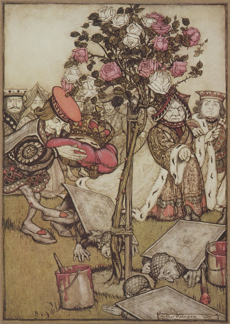 La Regina si voltò arrabbiata verso di lui e disse al Fante, "Girale", da Le avventure di Alice nel Paese delle Meraviglie, di Lewis Carroll, pub. 1907 da Arthur Rackham